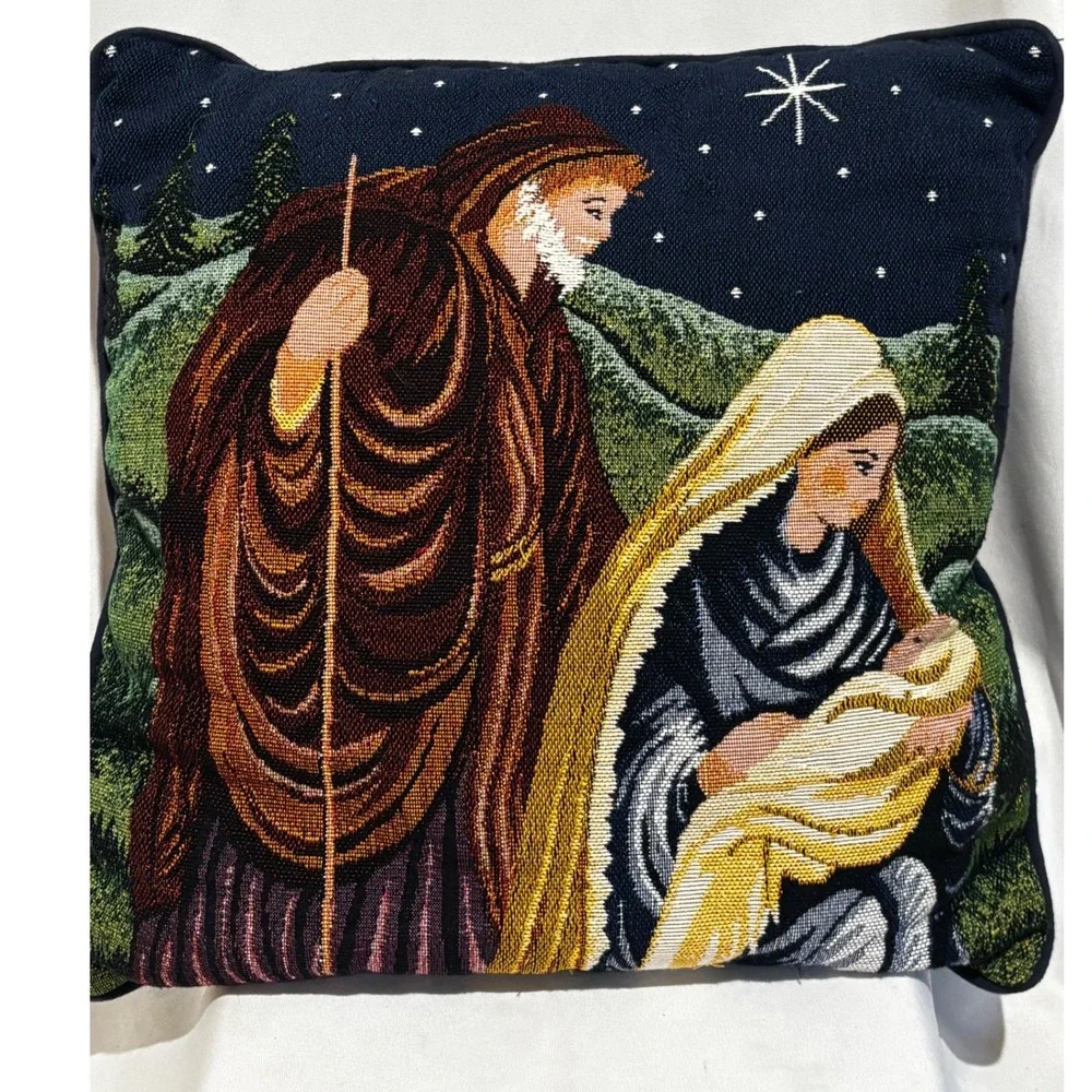Vintage Nativity Scene Woven Tapestry Throw Pillow 15